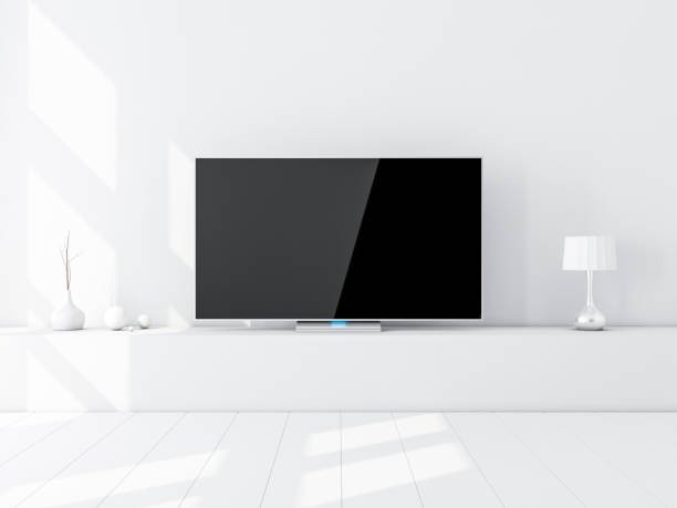 Modern Smart Tv Mockup on stand, white living room. 3d rendering